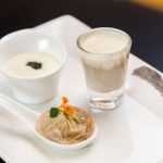 clockwise Cauliflower Purée with Oscietra Caviar and White chocolate Mushroom cappuccino with Ceps Cream Duck Foie Gras Xiao Long Bao