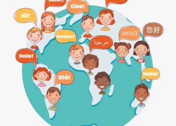 Group of happy smiling kids speaking together. Girls and boys with speech bubbles in different languages over world map