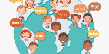 Group of happy smiling kids speaking together. Girls and boys with speech bubbles in different languages over world map